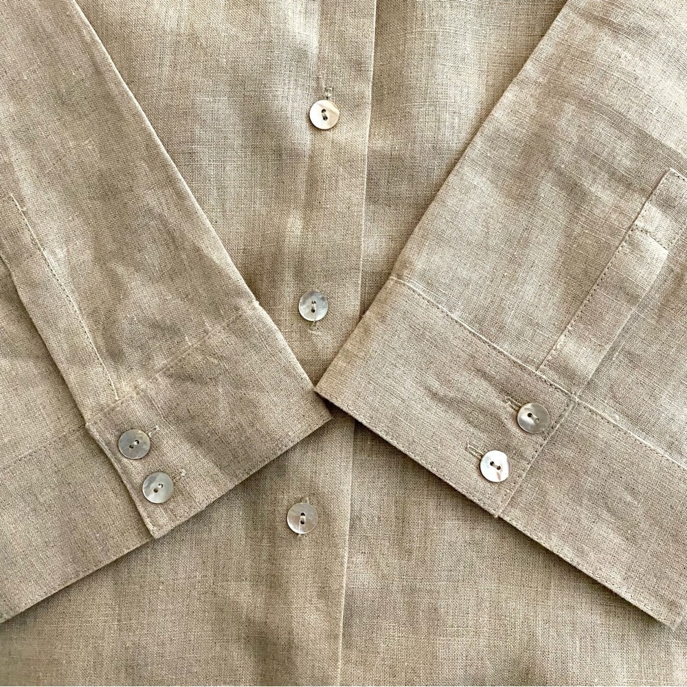Tan Linen Button-down Top Sz Large Embroidered Floral Lagenlook Shirt Blouse - Picture 8 of 15